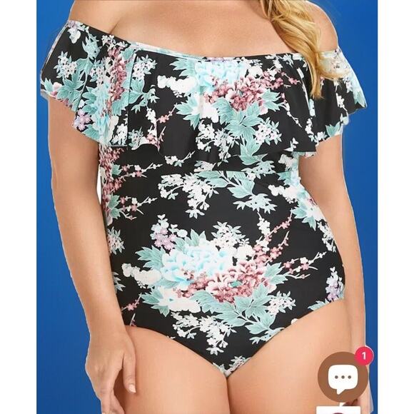 Raisins Curve Trendy Plus Size Tortuga One-Piece Black Floral Size 16w - Picture 1 of 8